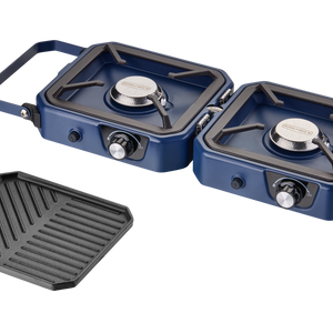 CADAC Braai Maxx Adventure two-burner stove open with griddle plate