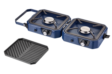 CADAC Braai Maxx Adventure two-burner stove open with griddle plate