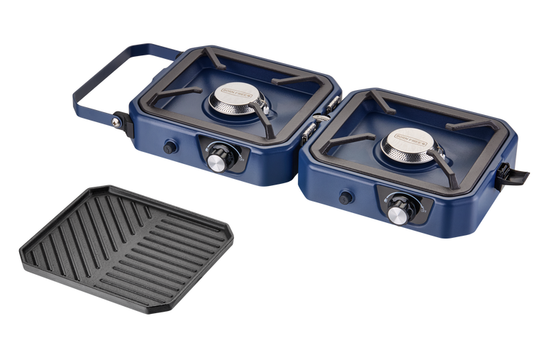 CADAC Braai Maxx Adventure two-burner stove open with griddle plate