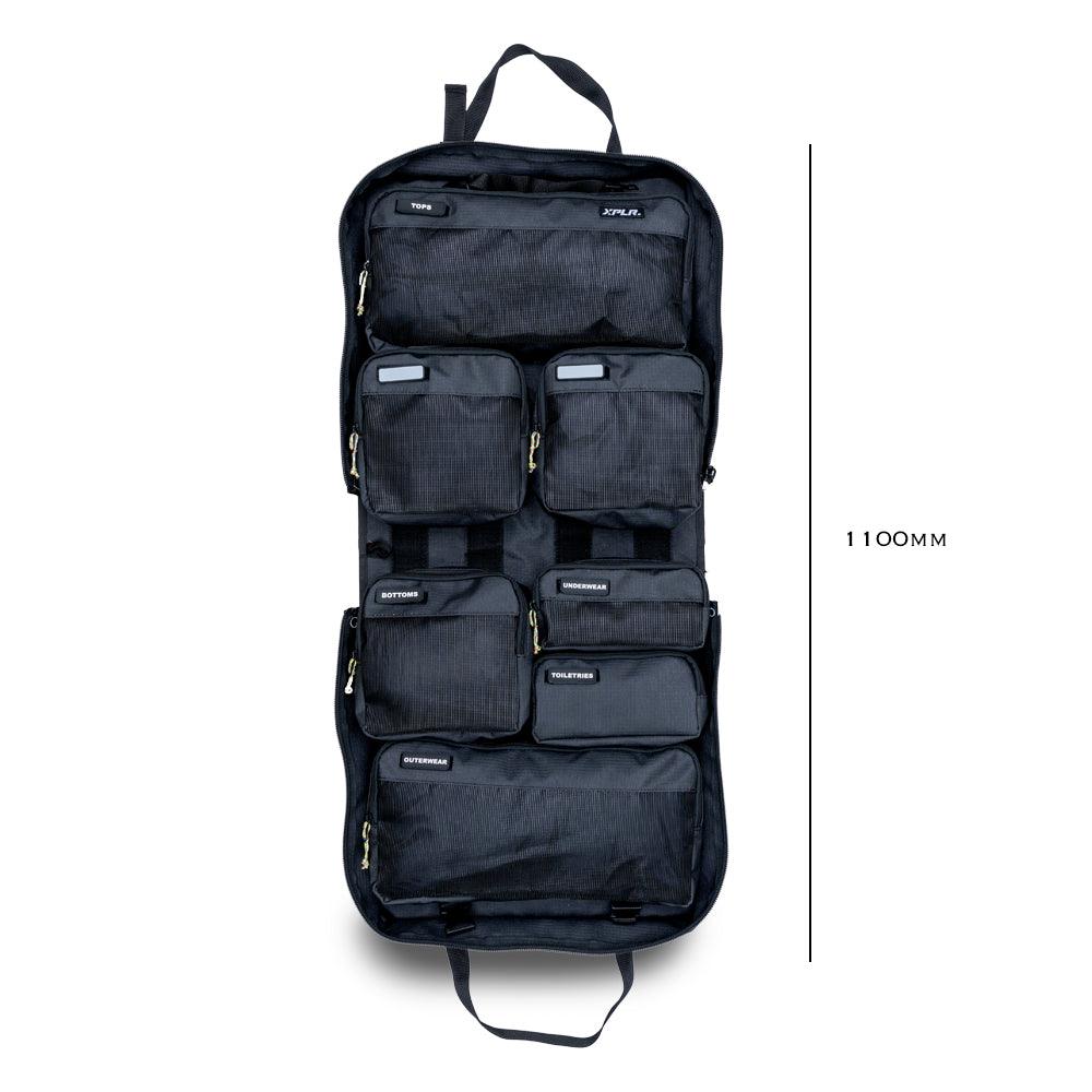 Black XPLR Duffel modular hanging travel bag with height dimension