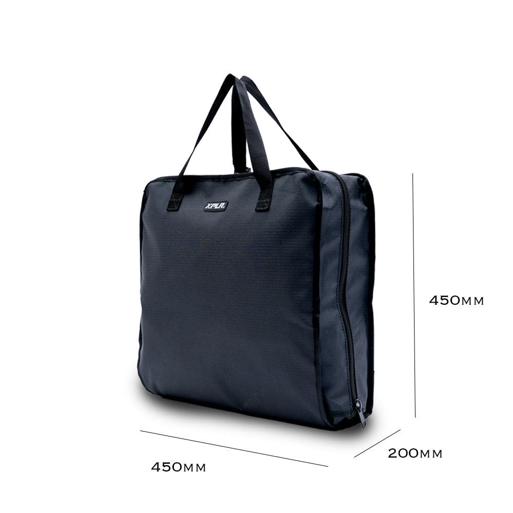 Black XPLR Duffel bag folded, with 450mm x 450mm x 200mm dimensions