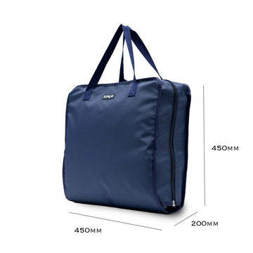 Navy XPLR Duffel bag folded, with 450mm x 450mm x 200mm dimensions