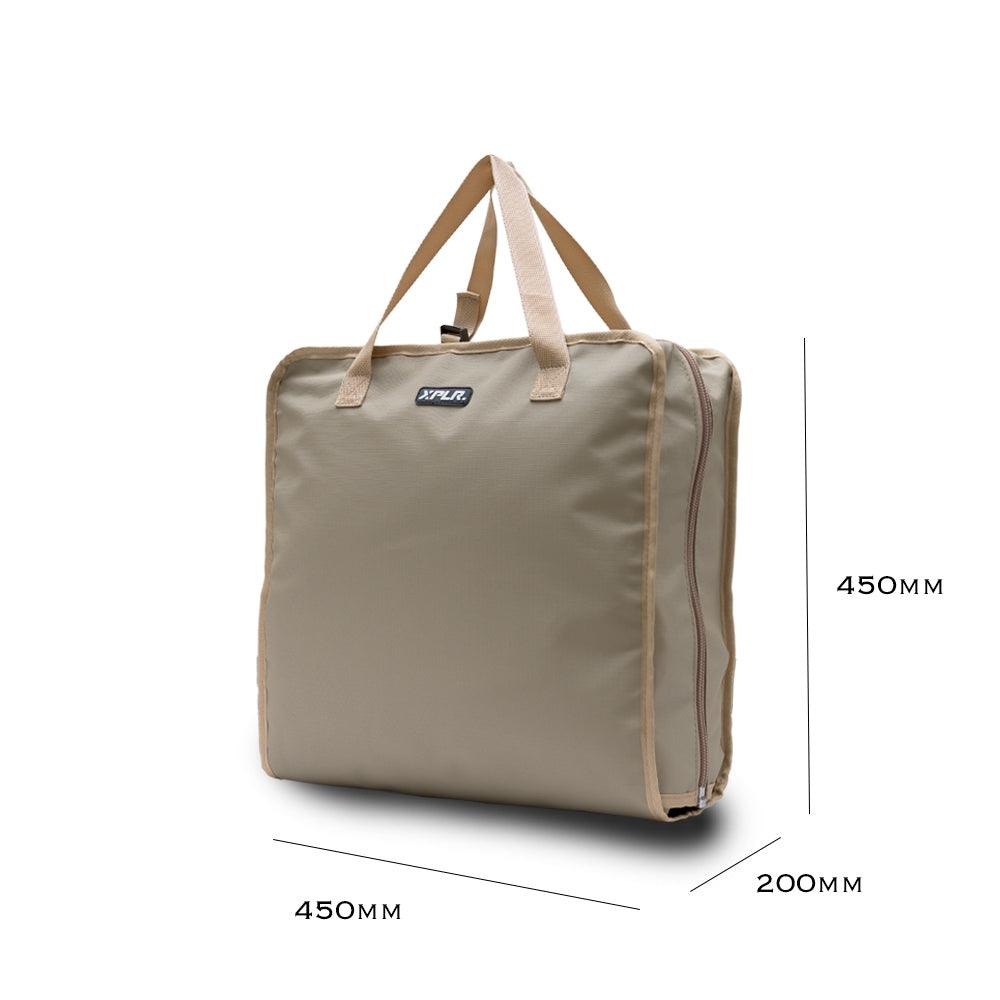 Sand XPLR Duffel bag folded, with 450mm x 450mm x 200mm dimensions