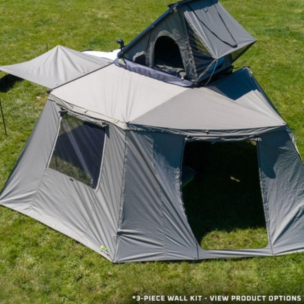 Deltawing XTr-143 awning wall kit set up as an enclosed room beside a rooftop tent
