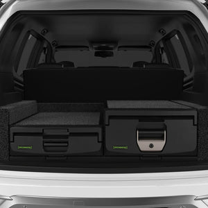 IRONMAN 4x4 mixed height roller drawers with left-hand slide, fitted in the rear of an SUV