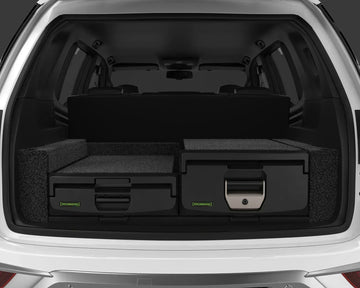 IRONMAN 4x4 mixed height roller drawers with left-hand slide, fitted in the rear of an SUV