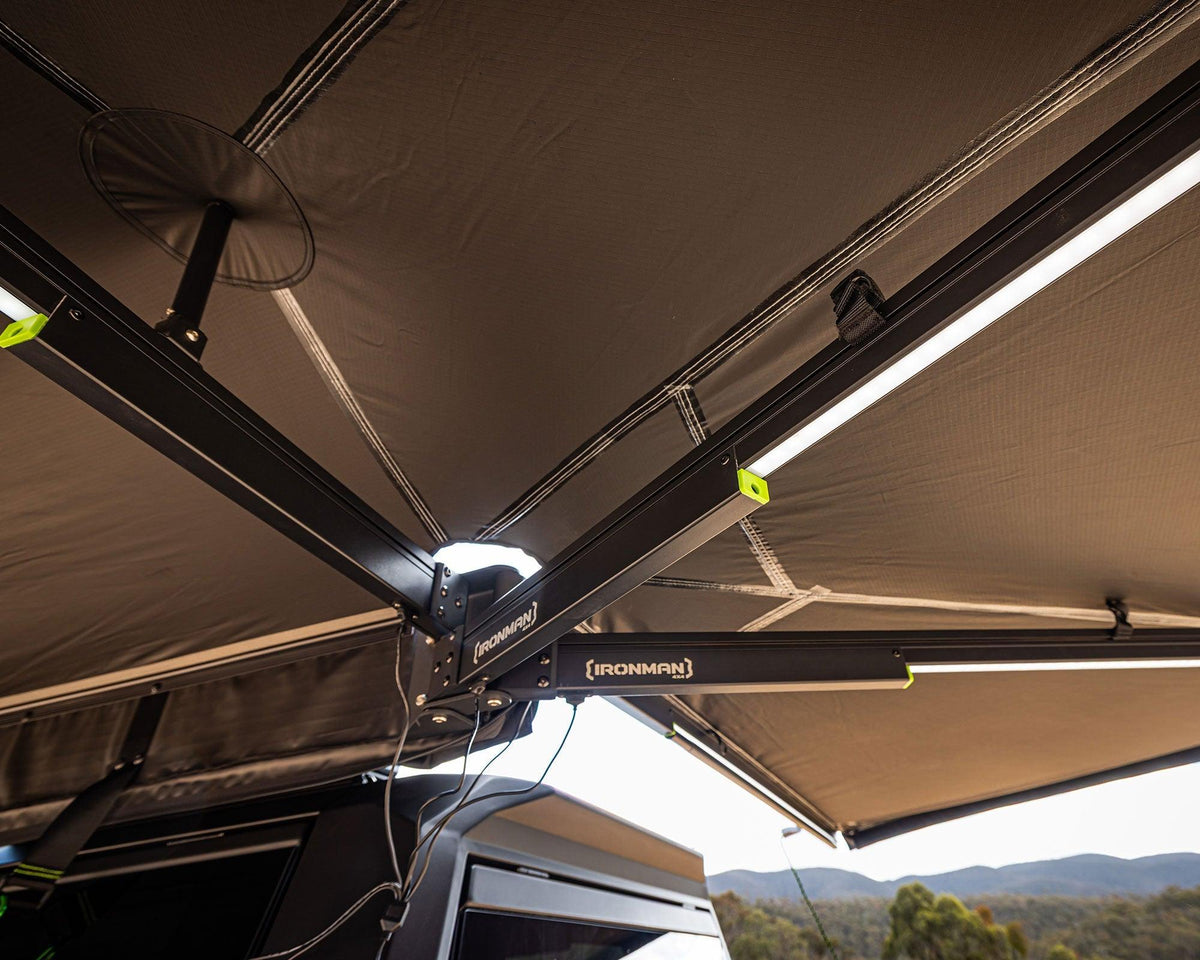 Underside of the Deltawing 270 degree XL awning showing the frame and LED lighting