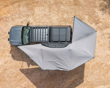 Aerial view of the Deltawing 270 degree XL awning wrapped around a 4x4