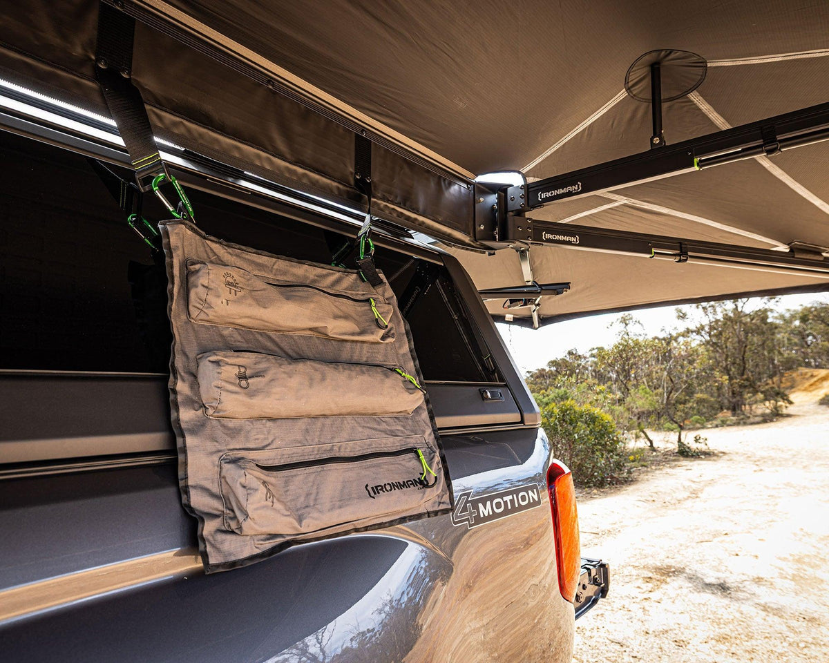 Storage pocket hanging from the frame of the Deltawing 270 degree XL awning