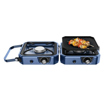 CADAC Braai Maxx Adventure two-burner stove open, cooking kebabs on the griddle
