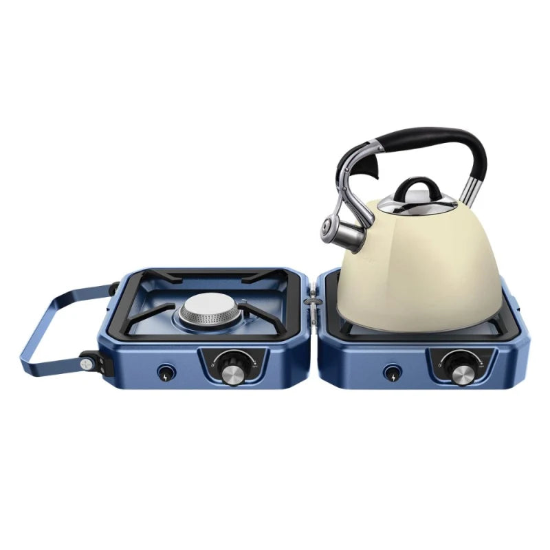 CADAC Braai Maxx Adventure stove open with a kettle on one burner