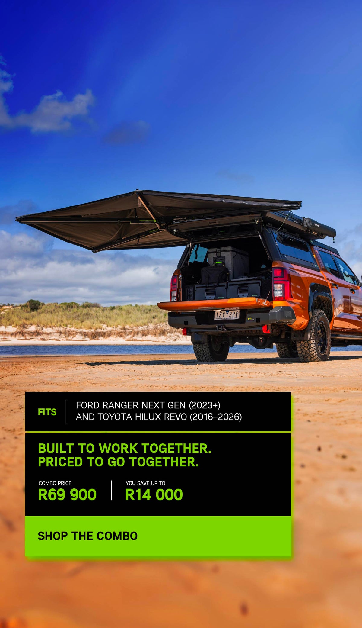 An orange Toyota Hilux with open Awning, and Campaign Artwork that supports a saving of R14 000 Promotional Card