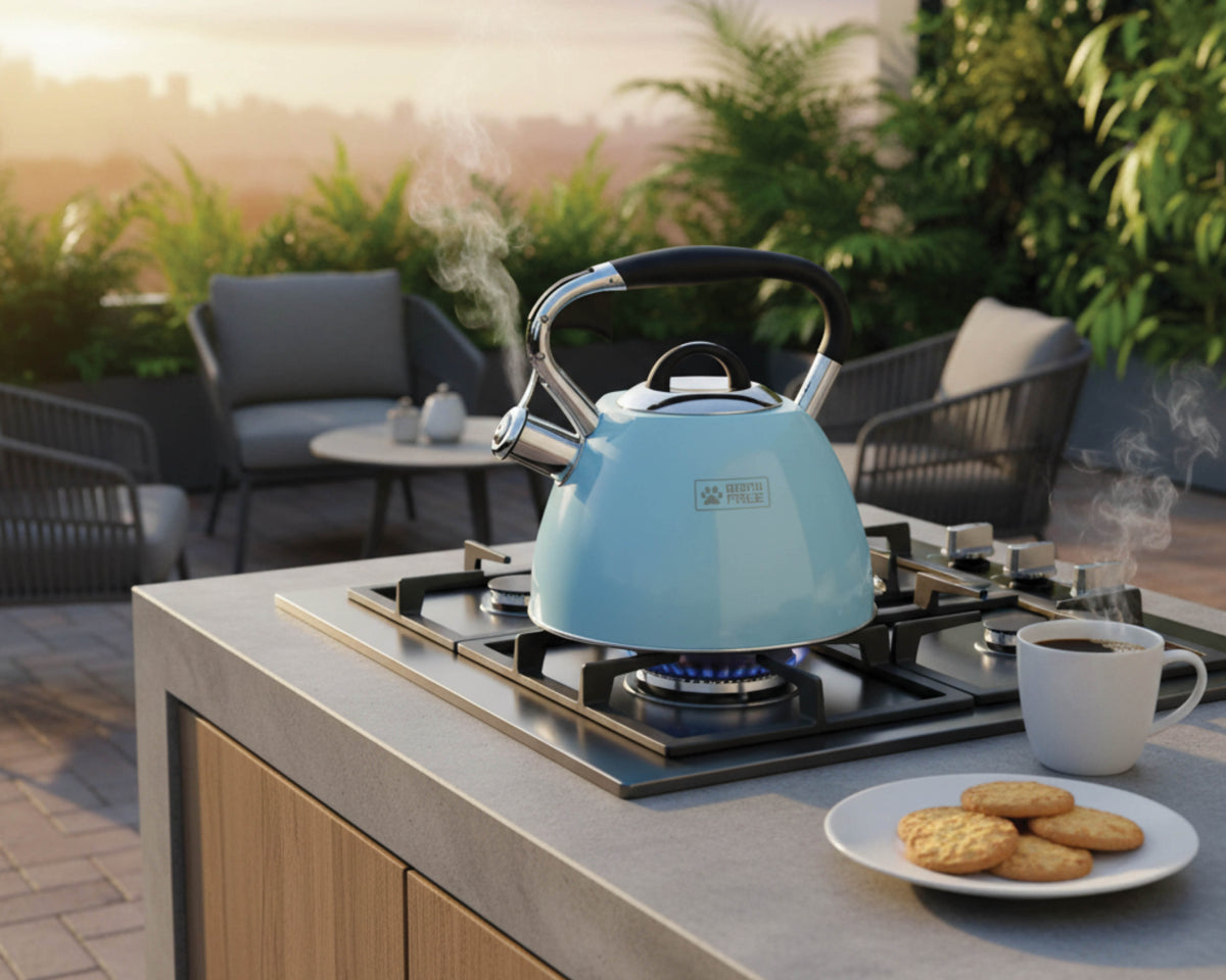 CADAC whistling kettle on an outdoor gas hob with coffee and biscuits