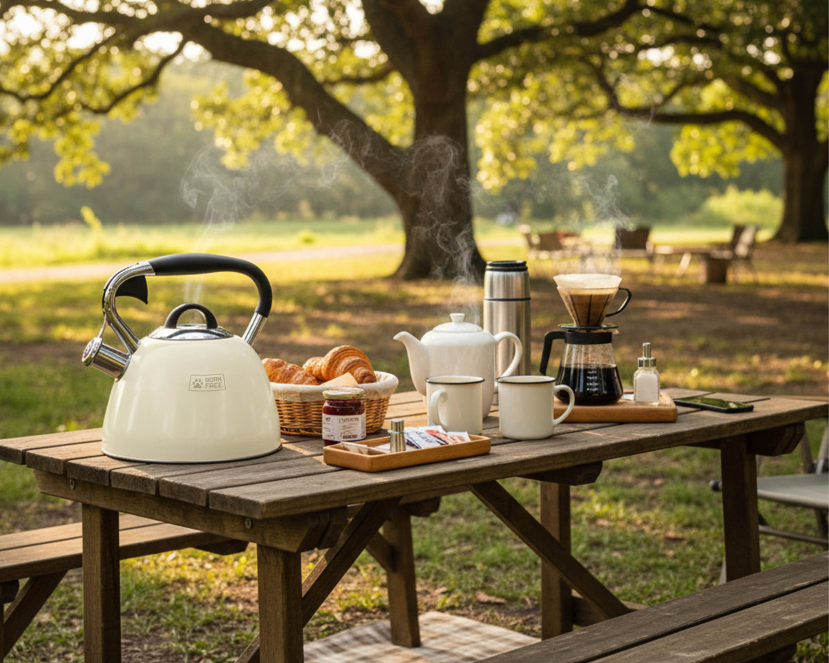 Cream CADAC whistling kettle on a picnic table set for breakfast outdoors