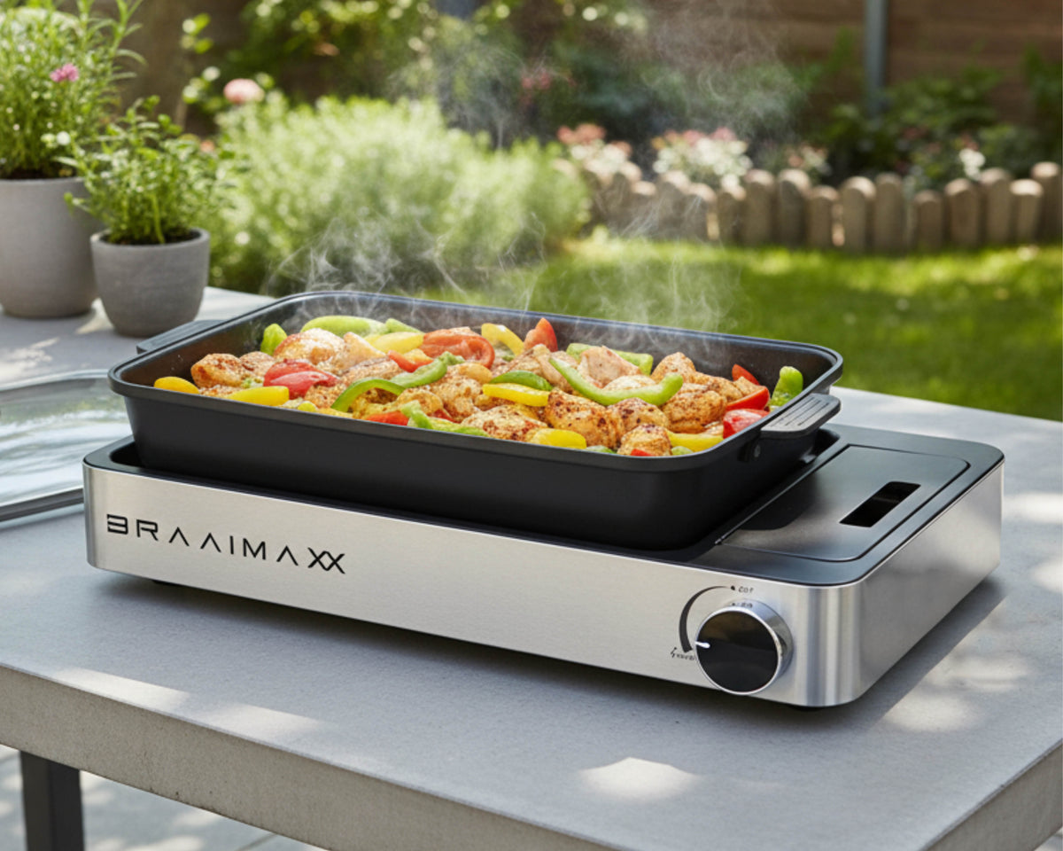 CADAC portable frying pan cooking vegetables on a Braai Maxx stove outdoors