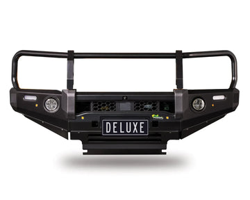 IRONMAN 4x4 Deluxe bull bar with driving lights and LED fog lights, front view