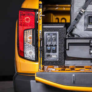 IRONMAN 4x4 power panel with sockets and switches fitted to a drawer in a bakkie