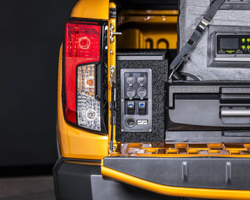IRONMAN 4x4 power panel with sockets and switches fitted to a drawer in a bakkie