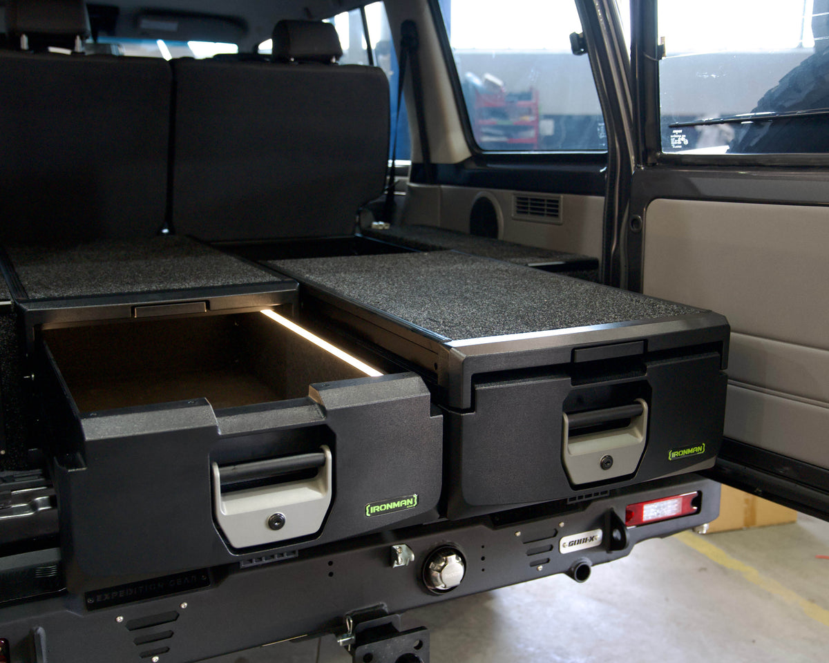 IRONMAN 4x4 full height roller drawers with lights fitted in a Toyota Land Cruiser 76