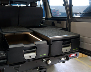 IRONMAN 4x4 full height roller drawers with lights fitted in a Toyota Land Cruiser 76