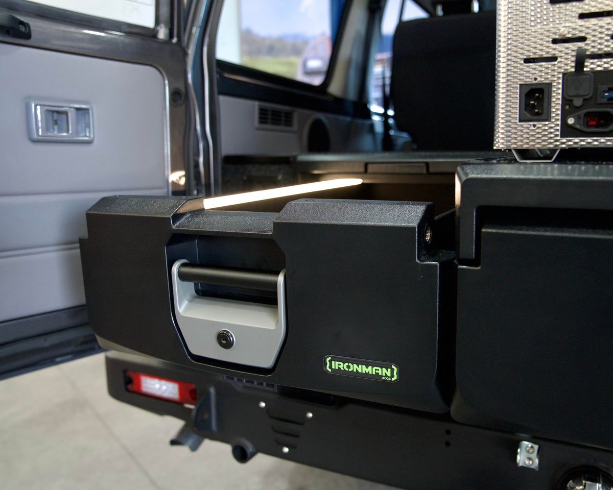 IRONMAN 4x4 full height drawer open in the rear of a Toyota Land Cruiser 76