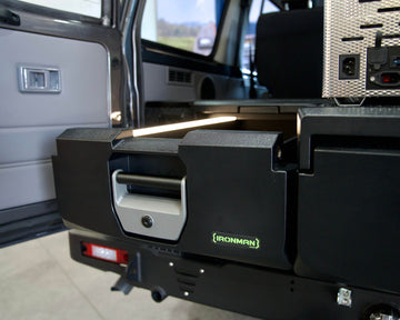 IRONMAN 4x4 full height drawer open in the rear of a Toyota Land Cruiser 76