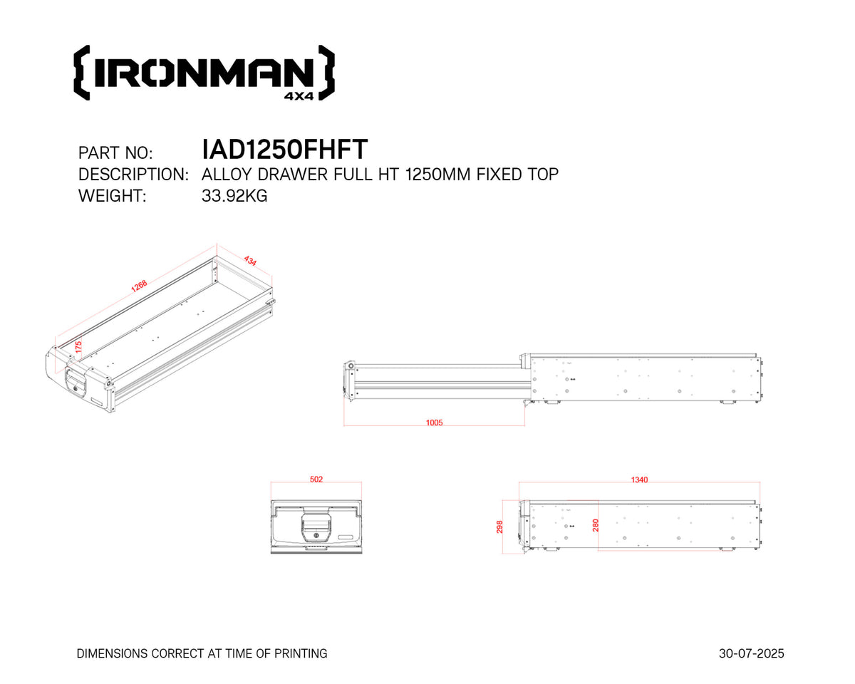 Technical drawing with dimensions of the IRONMAN 4x4 1250mm full height fixed top alloy roller drawer (IAD1250FHFT)