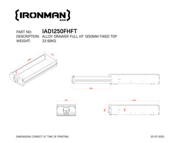 Technical drawing with dimensions of the IRONMAN 4x4 1250mm full height fixed top alloy roller drawer (IAD1250FHFT)