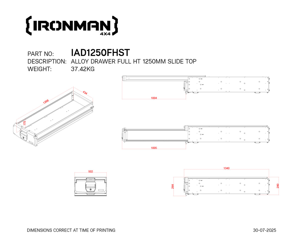 Technical drawing with dimensions of the IRONMAN 4x4 1250mm full height slide top alloy roller drawer (IAD1250FHST)