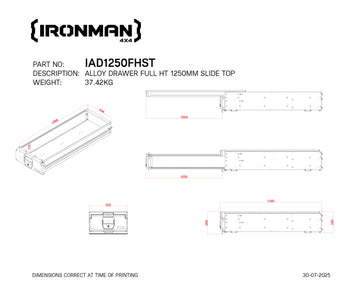 Technical drawing with dimensions of the IRONMAN 4x4 1250mm full height slide top alloy roller drawer (IAD1250FHST)