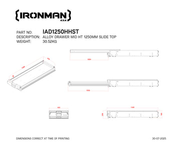 Technical drawing with dimensions of the IRONMAN 4x4 1250mm mid height slide top alloy roller drawer (IAD1250HHST)