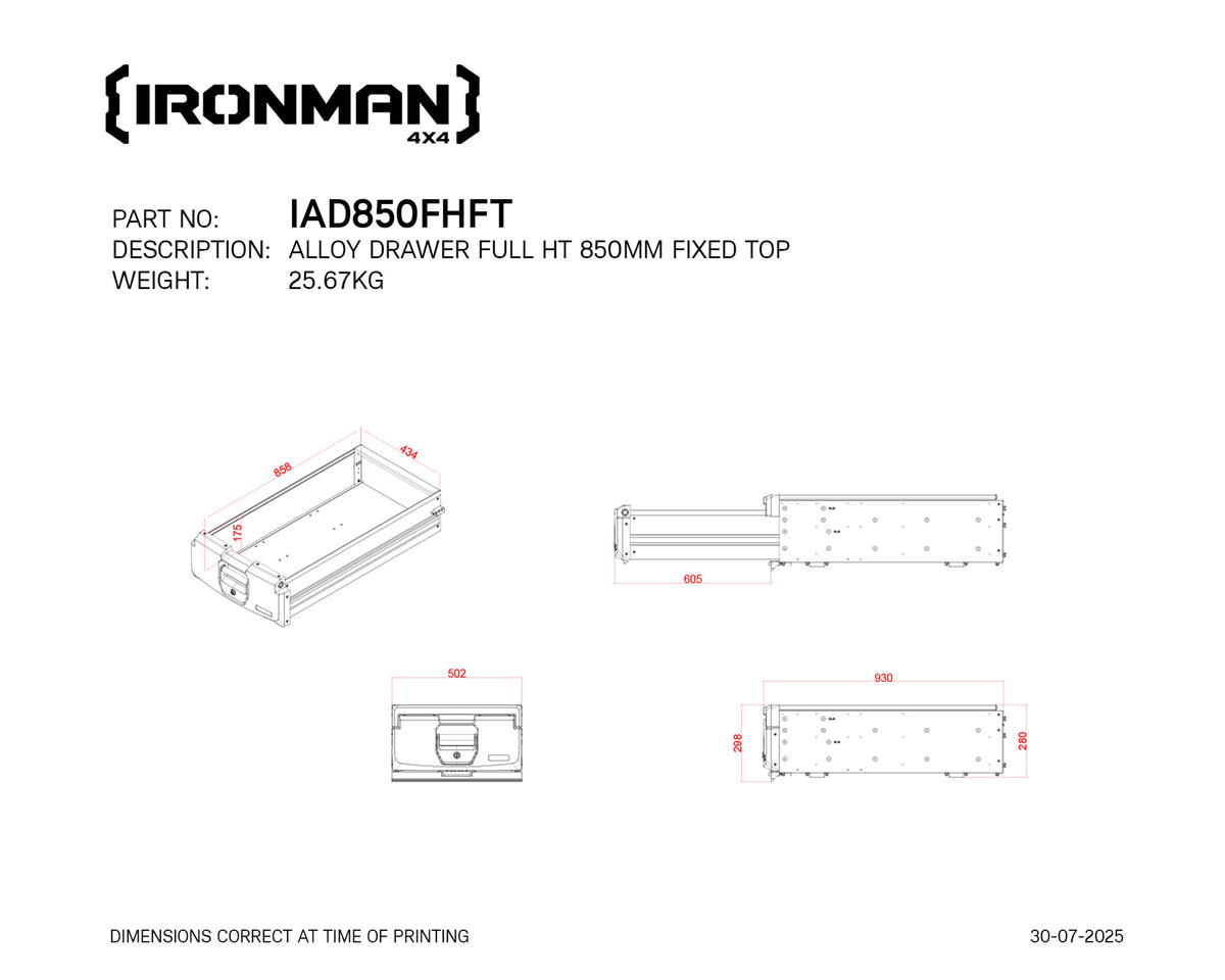 Technical drawing with dimensions of the IRONMAN 4x4 850mm full height fixed top alloy roller drawer (IAD850FHFT)