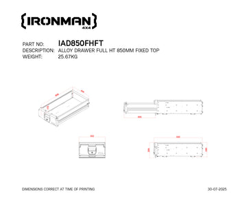 Technical drawing with dimensions of the IRONMAN 4x4 850mm full height fixed top alloy roller drawer (IAD850FHFT)