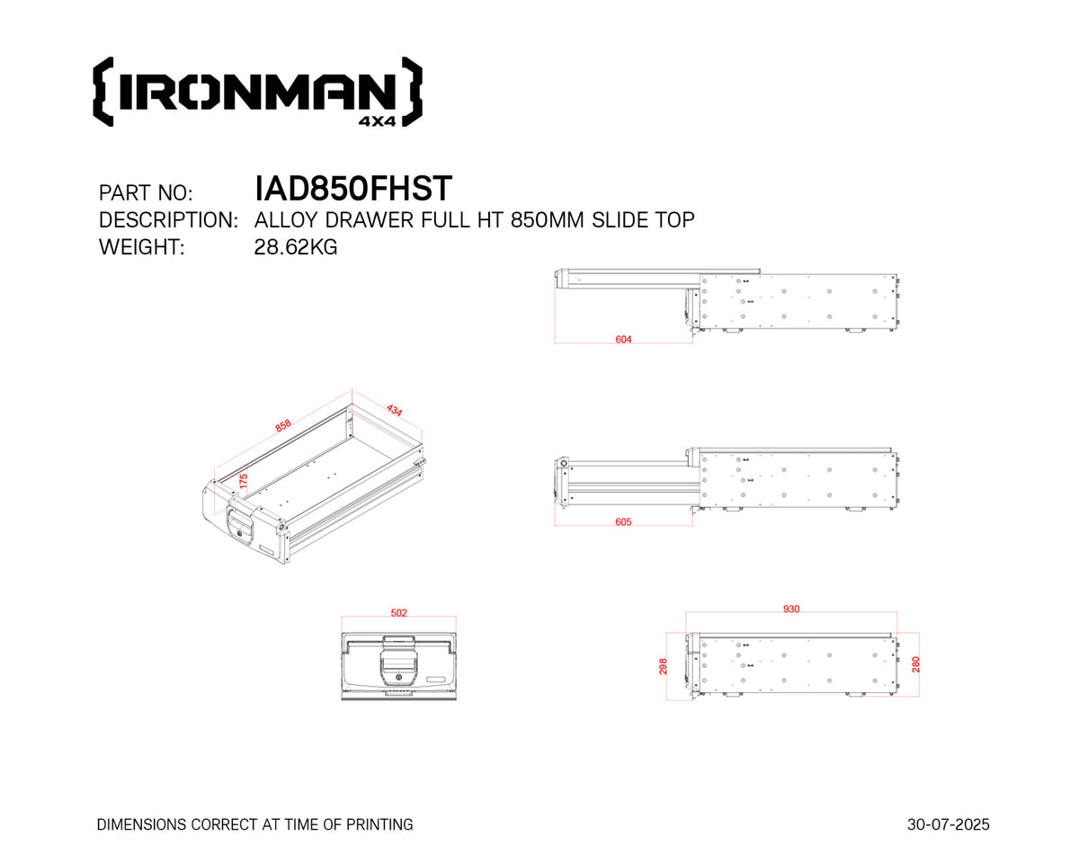 Technical drawing with dimensions of the IRONMAN 4x4 850mm full height slide top alloy roller drawer (IAD850FHST)