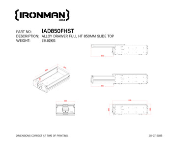 Technical drawing with dimensions of the IRONMAN 4x4 850mm full height slide top alloy roller drawer (IAD850FHST)