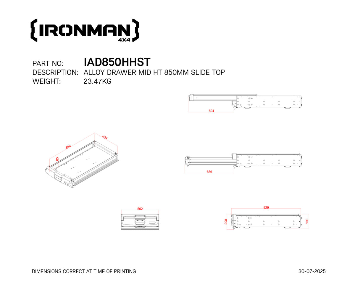 Technical drawing with dimensions of the IRONMAN 4x4 850mm mid height slide top alloy roller drawer (IAD850HHST)