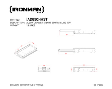 Technical drawing with dimensions of the IRONMAN 4x4 850mm mid height slide top alloy roller drawer (IAD850HHST)