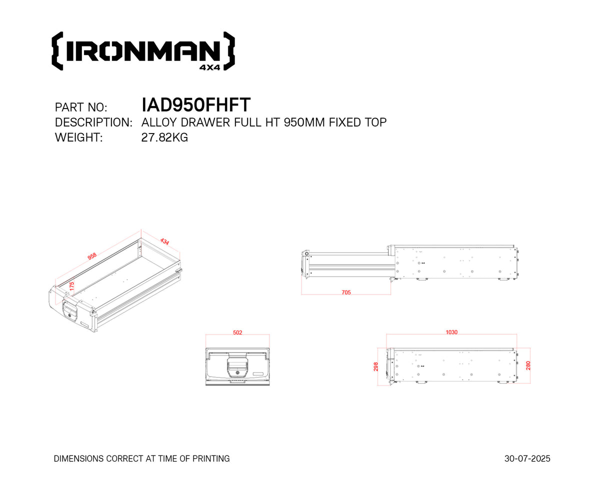Technical drawing with dimensions of the IRONMAN 4x4 950mm full height fixed top alloy roller drawer (IAD950FHFT)