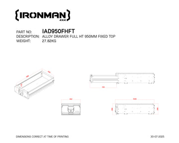 Technical drawing with dimensions of the IRONMAN 4x4 950mm full height fixed top alloy roller drawer (IAD950FHFT)