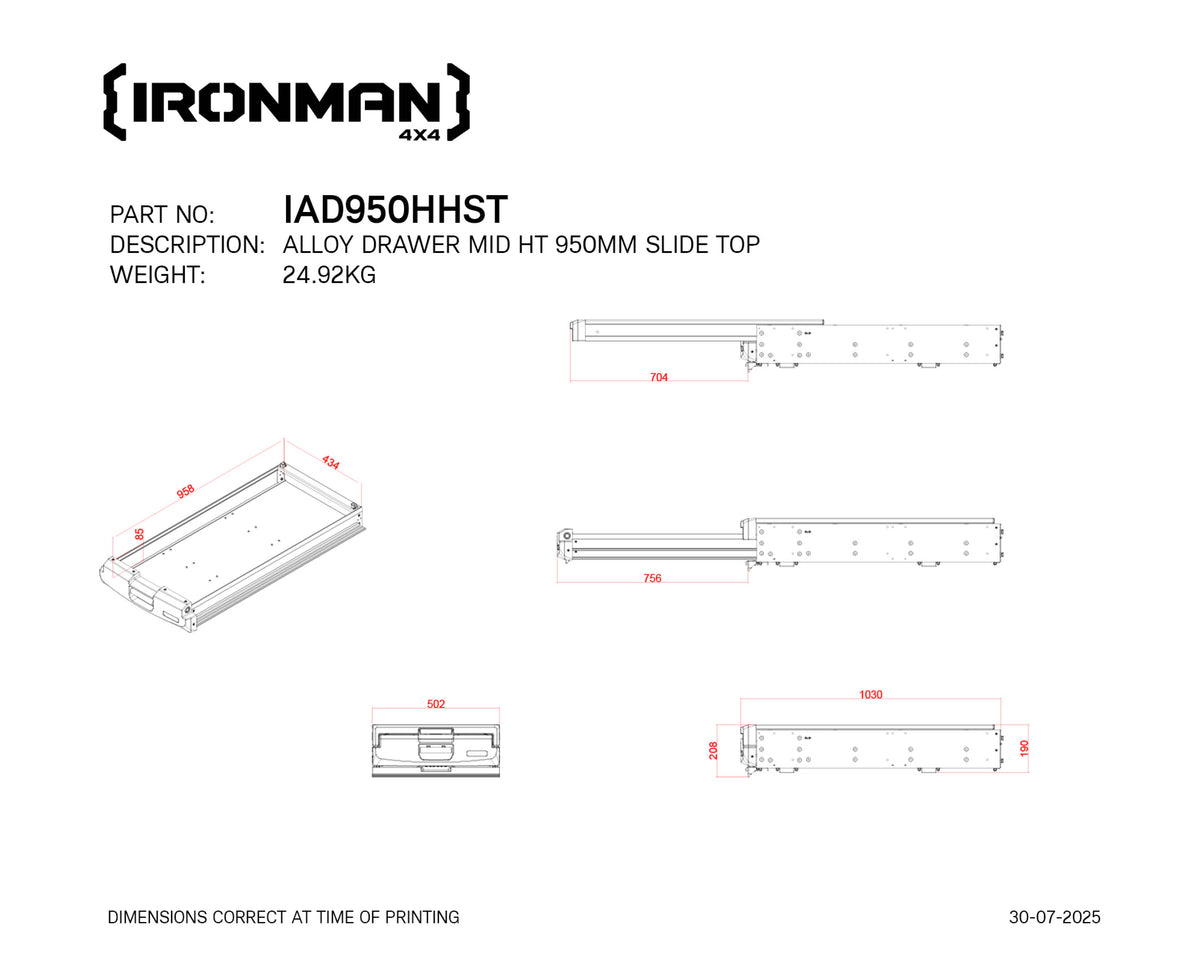 Technical drawing with dimensions of the IRONMAN 4x4 950mm mid height slide top alloy roller drawer (IAD950HHST)