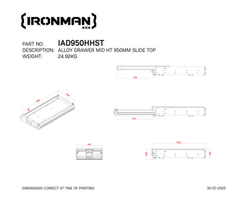 Technical drawing with dimensions of the IRONMAN 4x4 950mm mid height slide top alloy roller drawer (IAD950HHST)