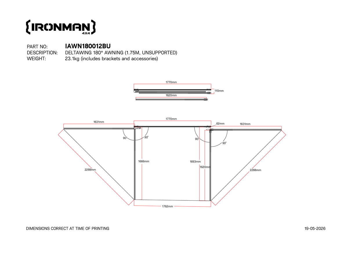 Technical drawing with dimensions of the IRONMAN 4x4 Deltawing 180 degree awning, 1.8m