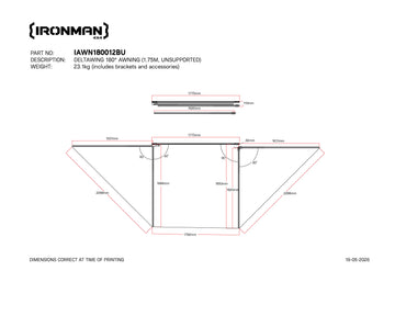 Technical drawing with dimensions of the IRONMAN 4x4 Deltawing 180 degree awning, 1.8m