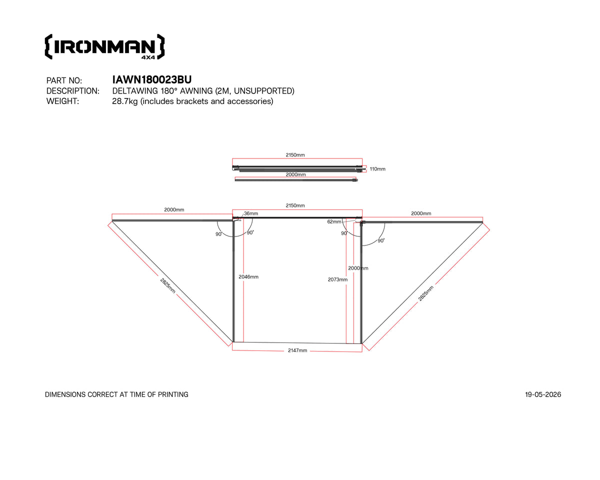 Technical drawing with dimensions of the IRONMAN 4x4 Deltawing 180 degree awning, 2m
