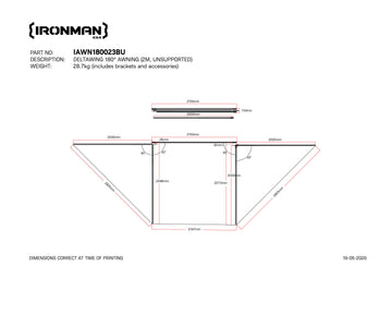 Technical drawing with dimensions of the IRONMAN 4x4 Deltawing 180 degree awning, 2m