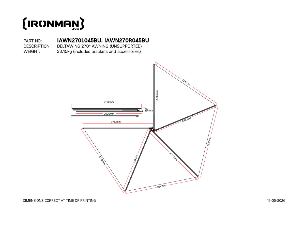 Technical drawing with dimensions of the IRONMAN 4x4 Deltawing 270 degree awning