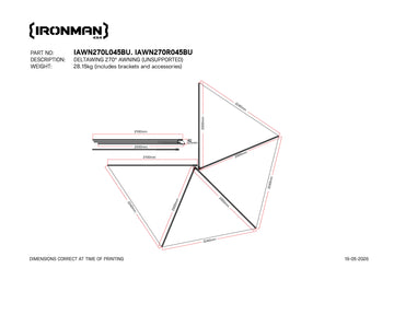 Technical drawing with dimensions of the IRONMAN 4x4 Deltawing 270 degree awning