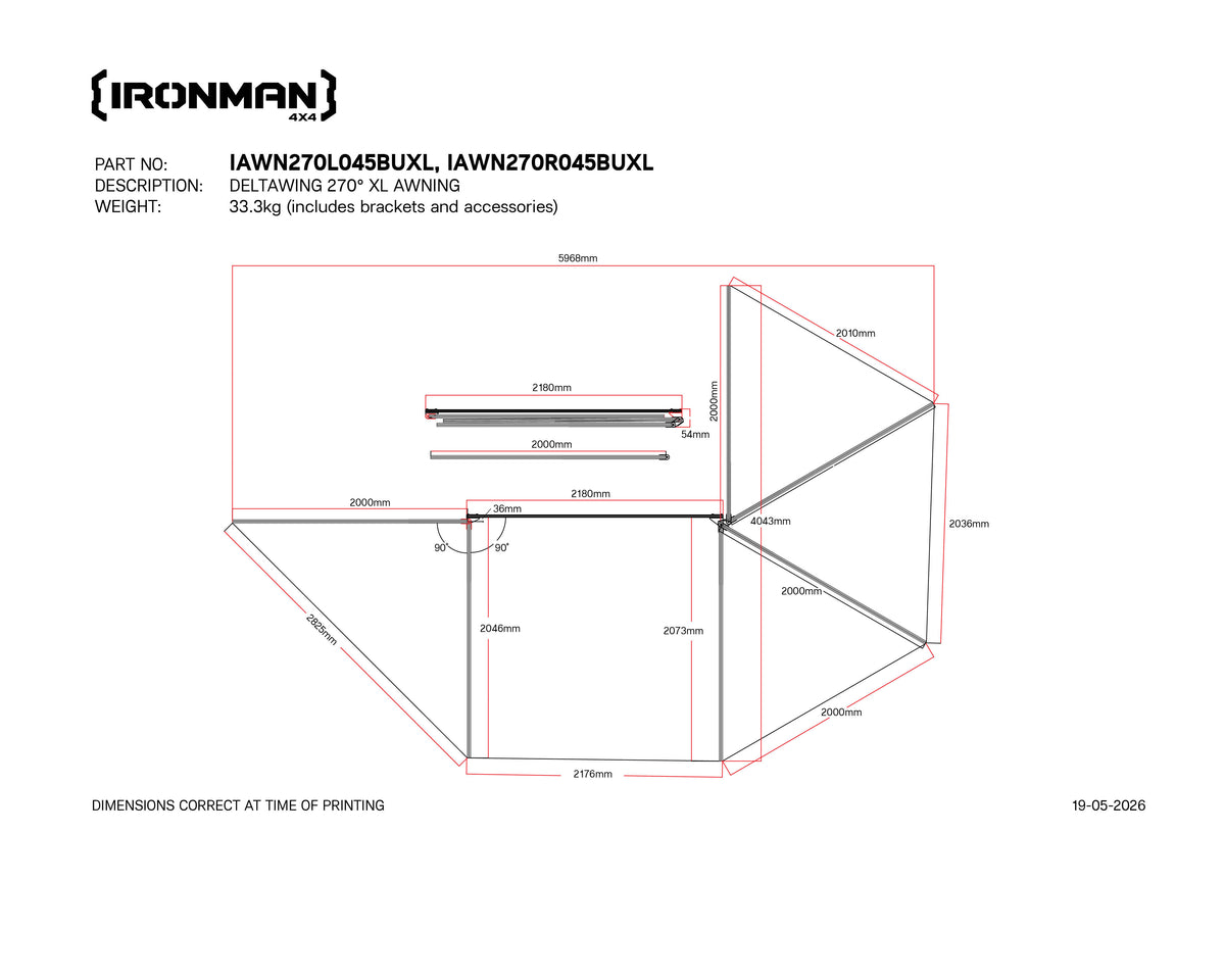 Technical drawing with dimensions of the IRONMAN 4x4 Deltawing 270 degree XL awning