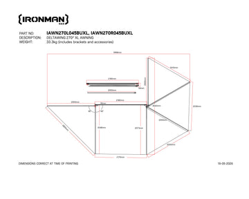 Technical drawing with dimensions of the IRONMAN 4x4 Deltawing 270 degree XL awning