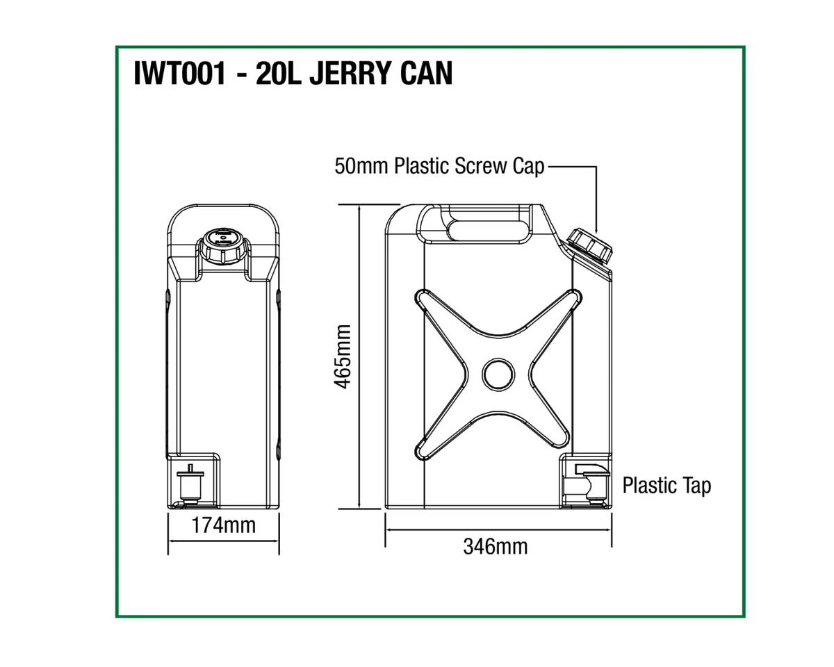 Dimensions diagram of the IRONMAN 4x4 20L jerry can water tank (IWT001)